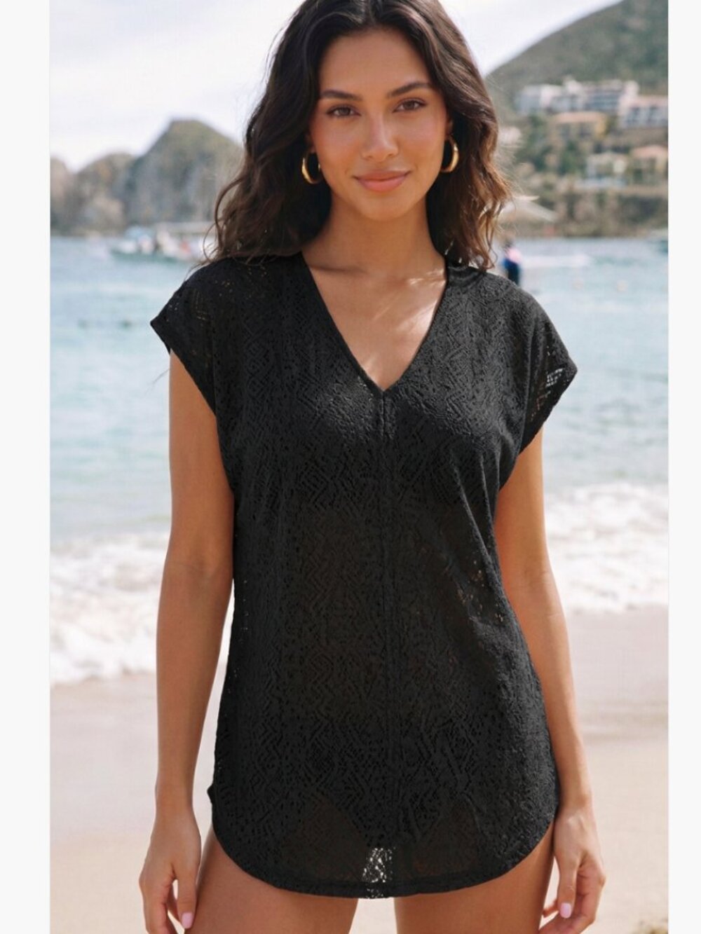 NWOT Time & Tru Black Lace Swimsuit Cover Up Size Large Boho Beach Tunic